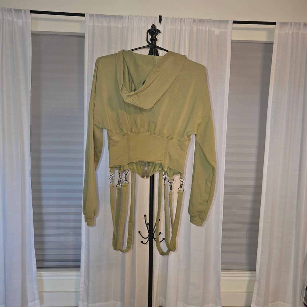 Olive Green Cropped Hoodie with Straps - Picture 6 of 8